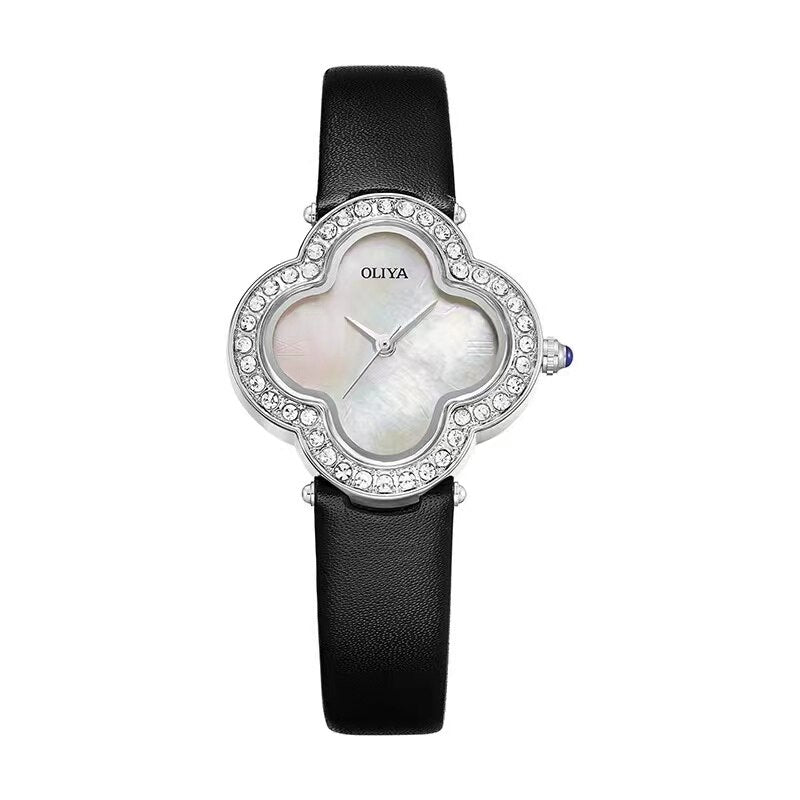 Lucky Girl Watch Leather Strap Diamond Craft Ladies Gift Hope Faith Pearl shell Ladies Quartz Watch Montres pour femmes Siver shell black