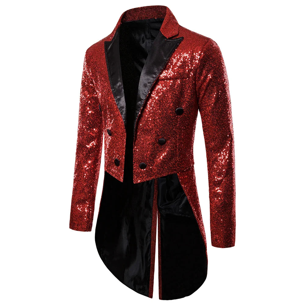 New Men Round Sequin Button Tuxedo Stage Show Wedding Host Dance Festival Blazer red, L