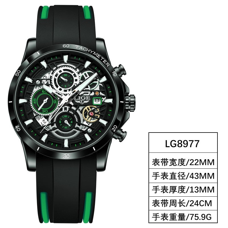 Men Watches Top Brand Stainless Steel Hollow Sports Waterproof Quartz Watch Men Military Wristwatch Relogio Masculino Black green