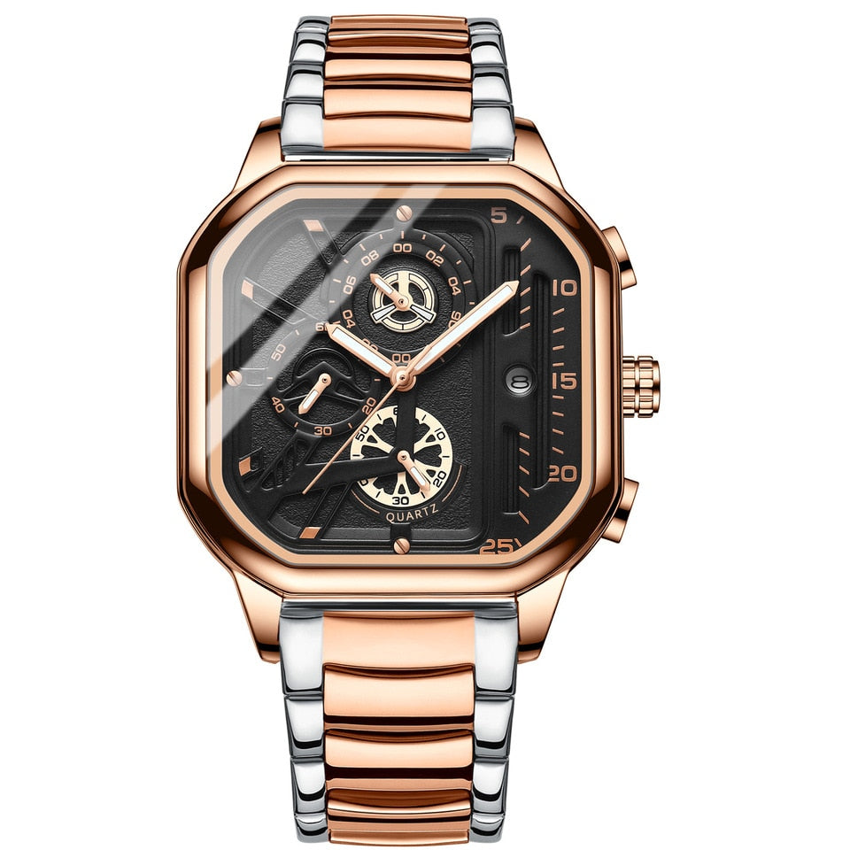 Square Chronograph Casual Fashion Sports Wrist Watch For Men Leather Clock Luxury Business Wristwatch Waterproof Date Watch