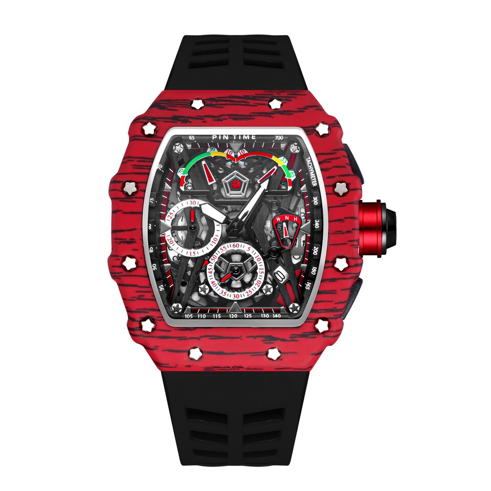 Men Fashion Sport Watch Chronograph Function Stopwatch Red Rubber Strap Auto Date Male Luxury Wristwatch 1, China