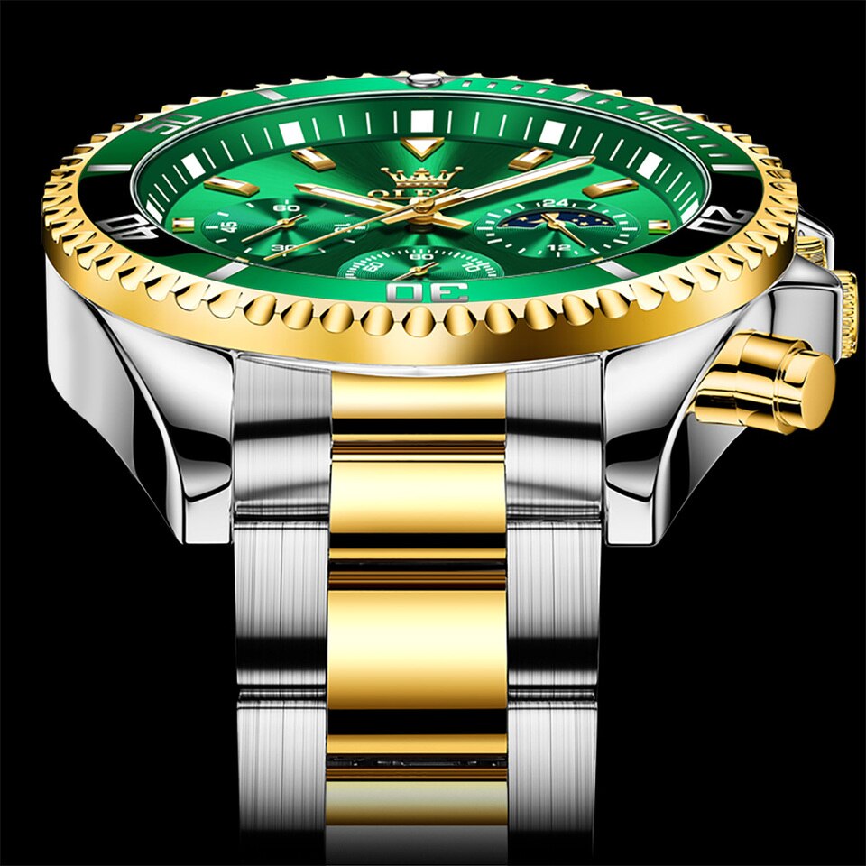 Men Watch Quartz Waterproof Luminous Stainless Steel Watch Green Sport Date Moon phase Wrist Watch for Men Reloj hombres