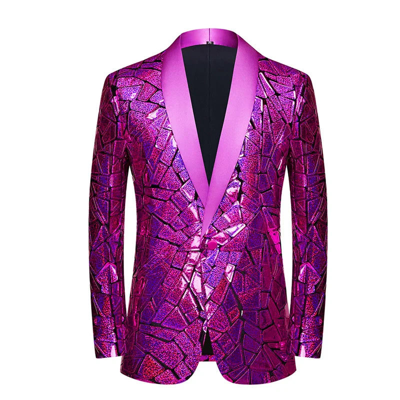 Luxury Laser Sequin Tuxedo Blazer Men One Button Shawl Lapel Party Stage Prom Singer Costume Homme PURPLE, Eu Size XXL