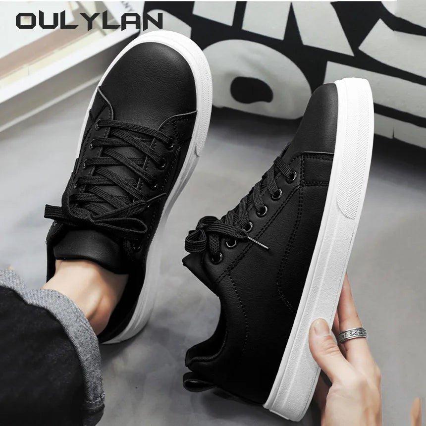 Solid Color White Black Shoes for Men Fashion Artificial PU Casual Board Shoes Trendy Student Footwear