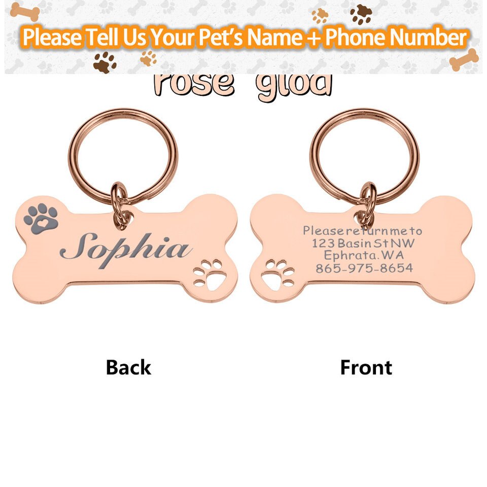 Personalized Dog ID Tag Mirror Name Plate Anti-Lost Pet Collar Pendant Free Engraving Customized Cat Kitten ID Tag Wholesale Rose Gold, 40X21MM