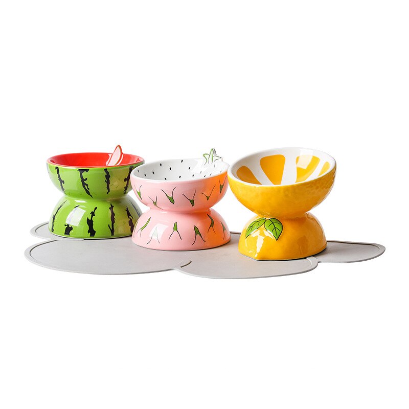 Cat Ceramic Bowl Fruit Shape Small Dogs Food Water Snack Bowls Pet Elevated Drink Eat Feeders Puppy Cats Cute Feeding Supplies 3 bowls and mat