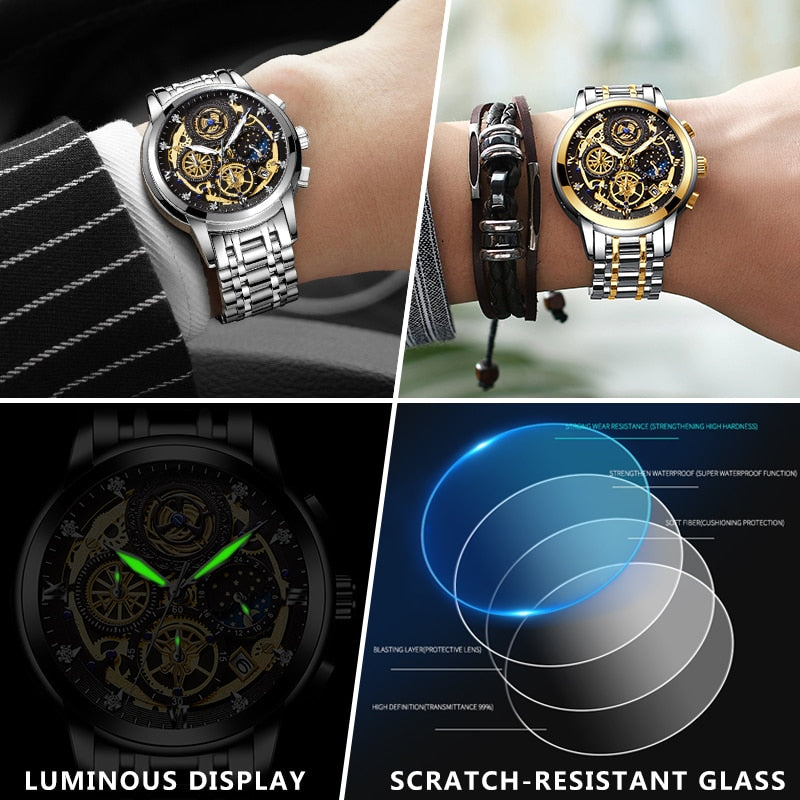 New Original Watch For Men Waterproof Stainless Steel Quartz Analog Fashion Business Sun Moon Star Wristwatches Top Brand