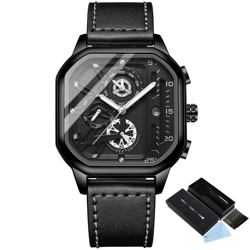 Square Chronograph Casual Fashion Sports Wrist Watch For Men Leather Clock Luxury Business Wristwatch Waterproof Date Watch