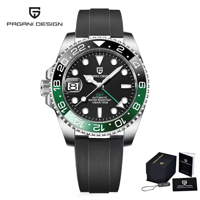 Top Brand GMT Men Mechanical Wristwatch Sapphire Stainless Steel Waterproof Automatic Watch for Men Reloj Hombre Rubber black green