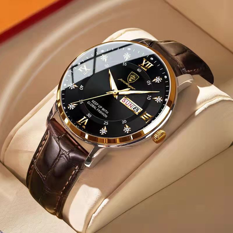 Men Watch Fashion High Quality Leather Watches Waterproof Luminous Week Date Top Brand Luxury Quartz Man Wristwatch Rose Gold Black