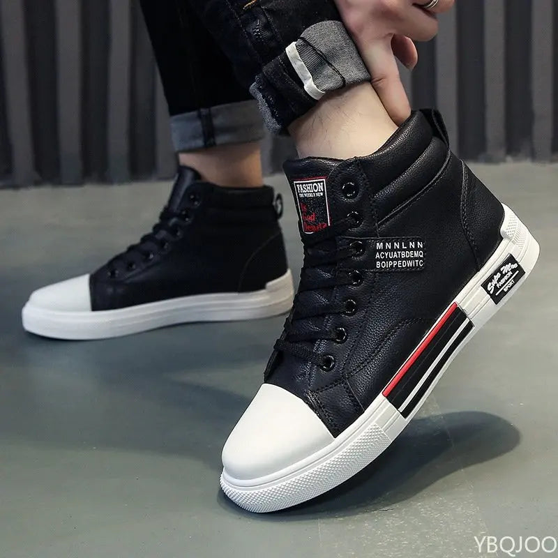 Leather Men Canvas Shoes Autumn High-Top Casual Shoes for Men Non-Slip Student Male Sneakers New Winter Footwear