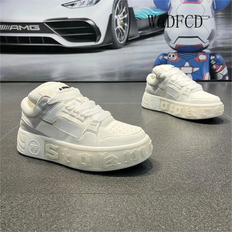 Sneakers Casual Men Designer White Shoes Fashion Microfiber Leather Fabric Breathable Height Increased Flat Platform Board Shoes