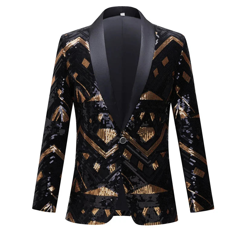 New Men Luxury Wave Striped Gold Sequin Blazer Shawl Lapel One Button Shiny Wedding Party Dinner Tuxedo Blazer Pattern 7, US XS