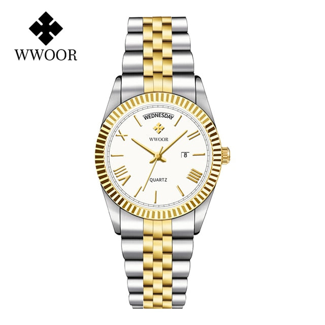 New Gold Watches Mens Luxury Stainless Steel With Calendar Warter proof Male Clock Week Quartz Wristwatch Relogio Masculino Silver white