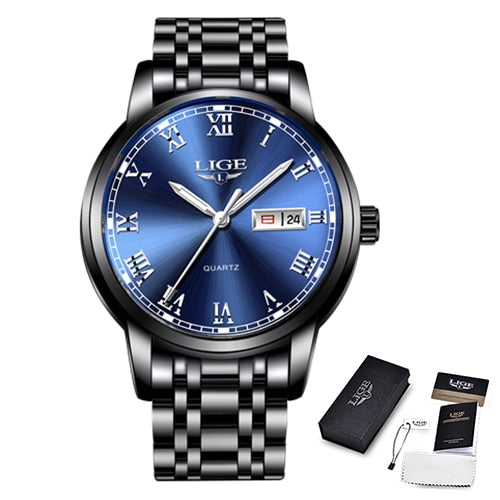 LIGE Stainless Steel Watch Luxury Men Watches Date Watch for Men Business Wirstwatchs Men Waterproof Quartz Watches Classic Clock black blue silver, China