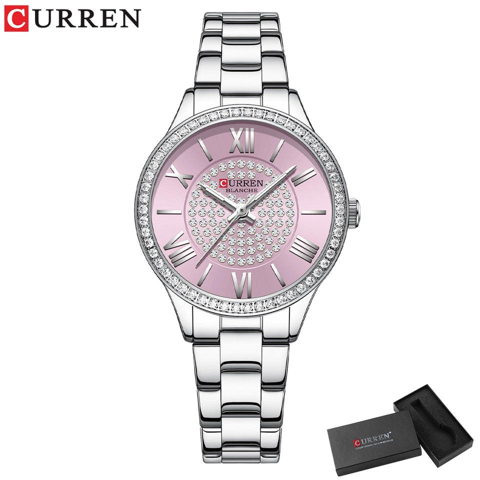 Rhinestones Rose Dial Fashion Watches with Stainless Steel Band New Quartz Wristwatches for Women