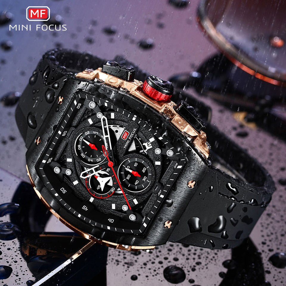 Chronograph Quartz Watches for Men Military Sport Silicone Strap Waterproof Wristwatch with Tonneau Dial Auto Date