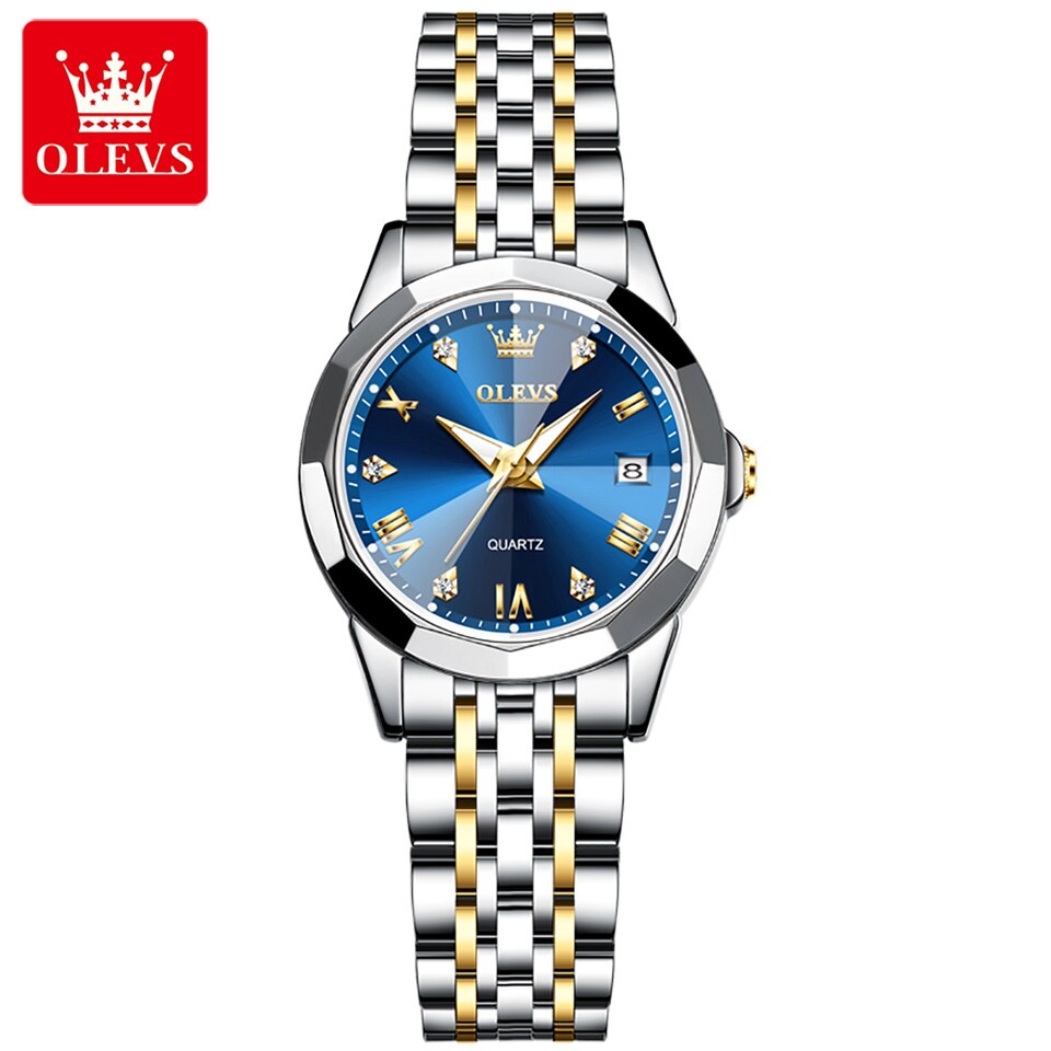 OLEVS Quartz Watch for Women Solid Stainless Steel Strap Rhombus Design Elegant Ladies Wristwatch Bracelet Necklace Gift Box Set Gold Blue, China