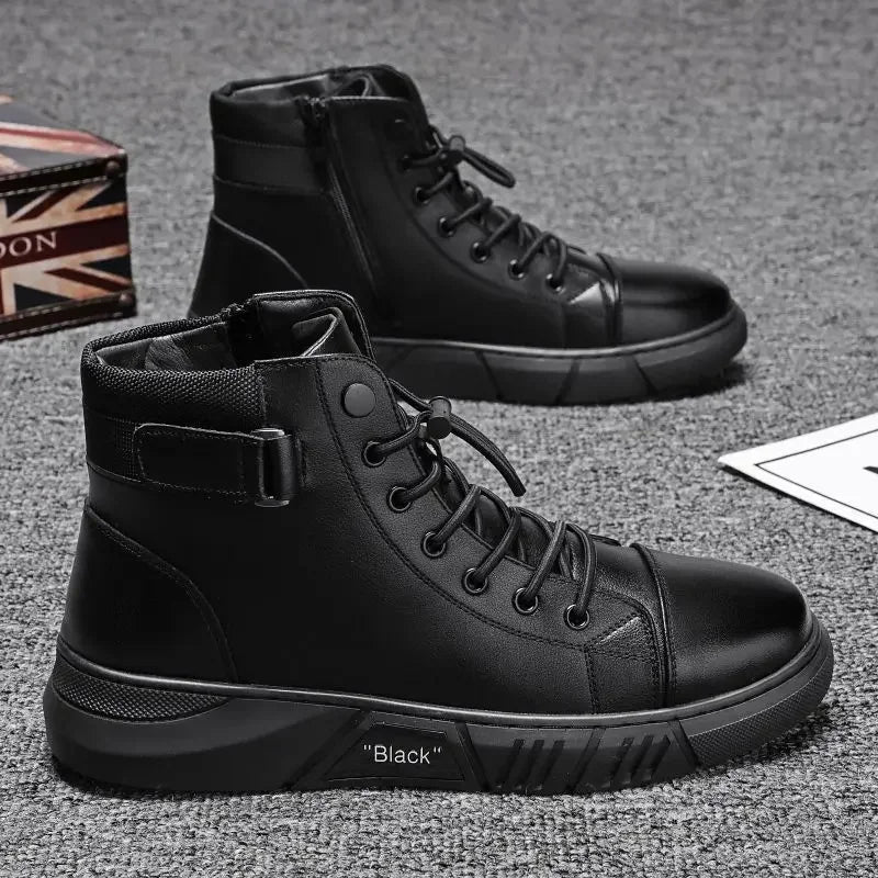 Ankle Boots Black PU Leather Men's Sports Shoes Autumn Winter Comfortable High-top Casual Fashion Platform Boots Man Round Head