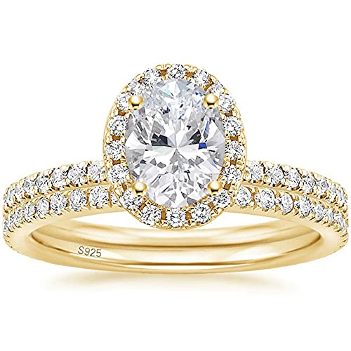 1.5CT Silver 925 Real Cubic Zirconia Bridal Rings Sets Oval Cut CZ Engagement Rings Wedding Band for Women Size 3-13 8, Gold