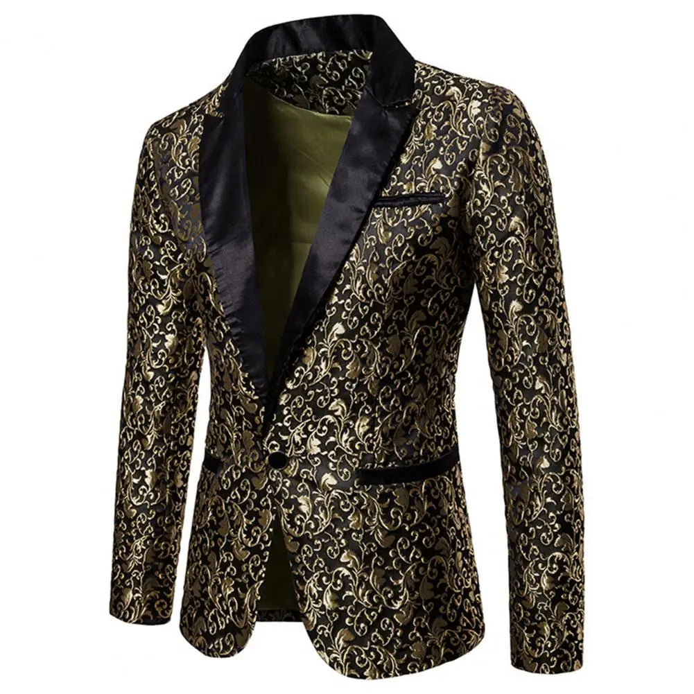 New Luxury Men Blazer Jacquard Single Button Slim Fit Turndown Collar Blazer Golden, S