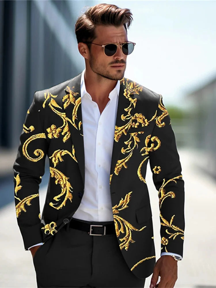 New Flower Vine Boutique Men Casual Printed Suit Business Casual Indoor Office Outdoor black, M