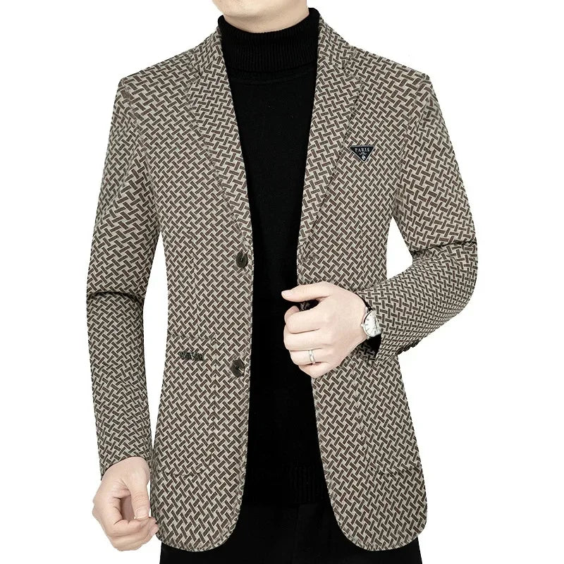 New Men Business Blazers Checkered Casual Coats High Quality Spring Slim Khaki, 4XL Asian size