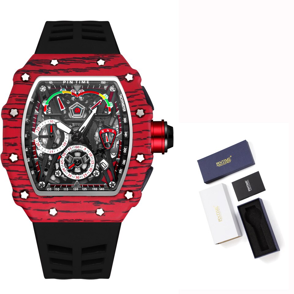 Men Fashion Sport Watch Chronograph Function Stopwatch Red Rubber Strap Auto Date Male Luxury Wristwatch 1 with box, China