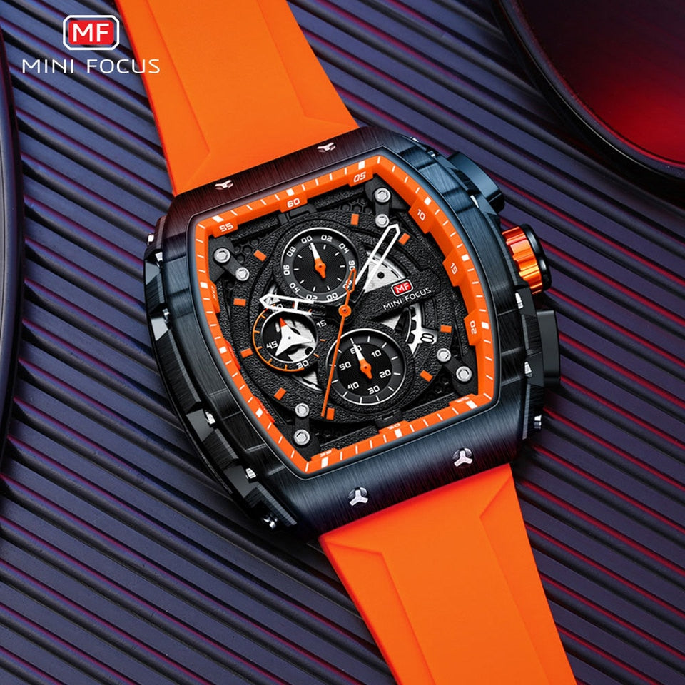 Chronograph Quartz Watch for Men Tonneau Dial Military Sport Wristwatch with Orange Silicone Strap Auto Date