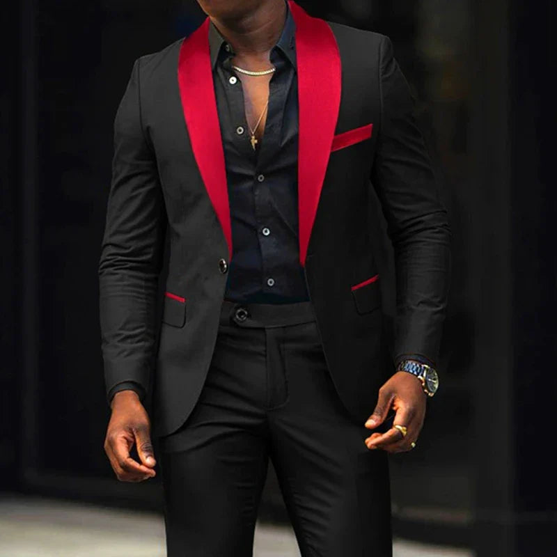 New Fashion Men Boutique Business Stretch Fabric Double Slit Solid Color Suit Black Red, Asian M is US 2XS