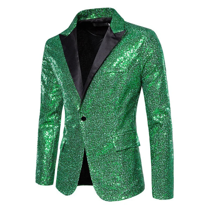 New Shiny Sequin Glitter Blazer for Men One Button Peak Collar Tuxedo Wedding Groom Party Prom Stage Costume Homme X36 Green, US Size XXL