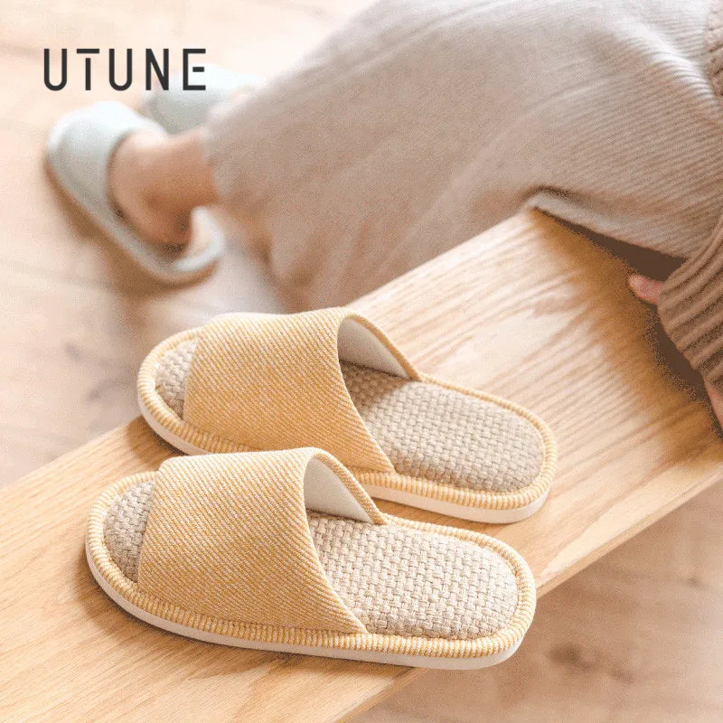 Natural Linen Women's Slippers Mute Comfortable Indoor Home Couple Shoes Soft Sole Anti-slip Couple Four Season Slides