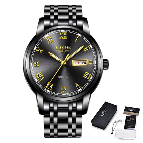 LIGE Stainless Steel Watch Luxury Men Watches Date Watch for Men Business Wirstwatchs Men Waterproof Quartz Watches Classic Clock black, China