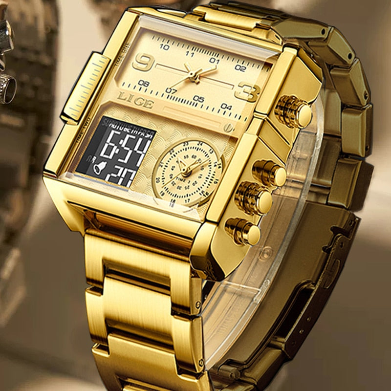 Original Men Sports Wrist Watch Gold Quartz Steel Waterproof Dual Display Clock Watche Relogio Masculino For Men