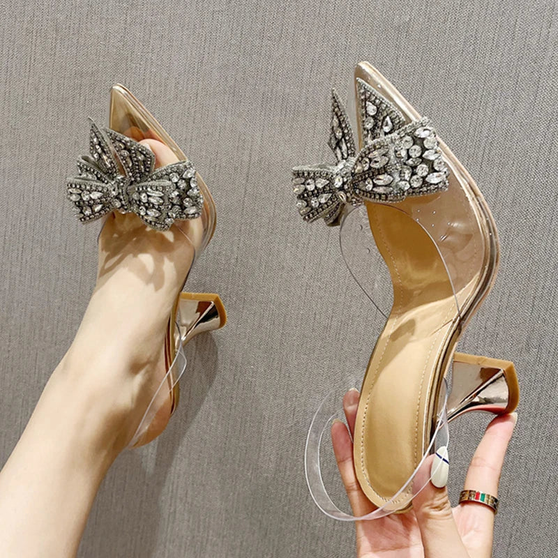 Crystal Sequined Bowknot Women Pumps Pointed Toe High Heels Wedding Prom Shoes Ladies PVC Transparent Sandals