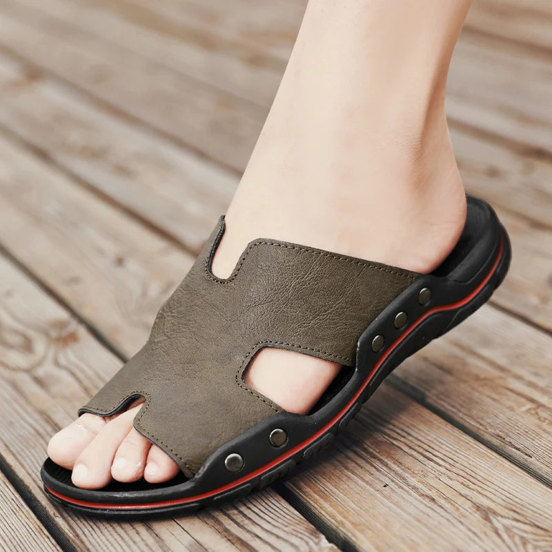 Men's Slippers Leather Summer Outside Sandals Beach Slippers Anti-slip Casual Slide Mens Shoes