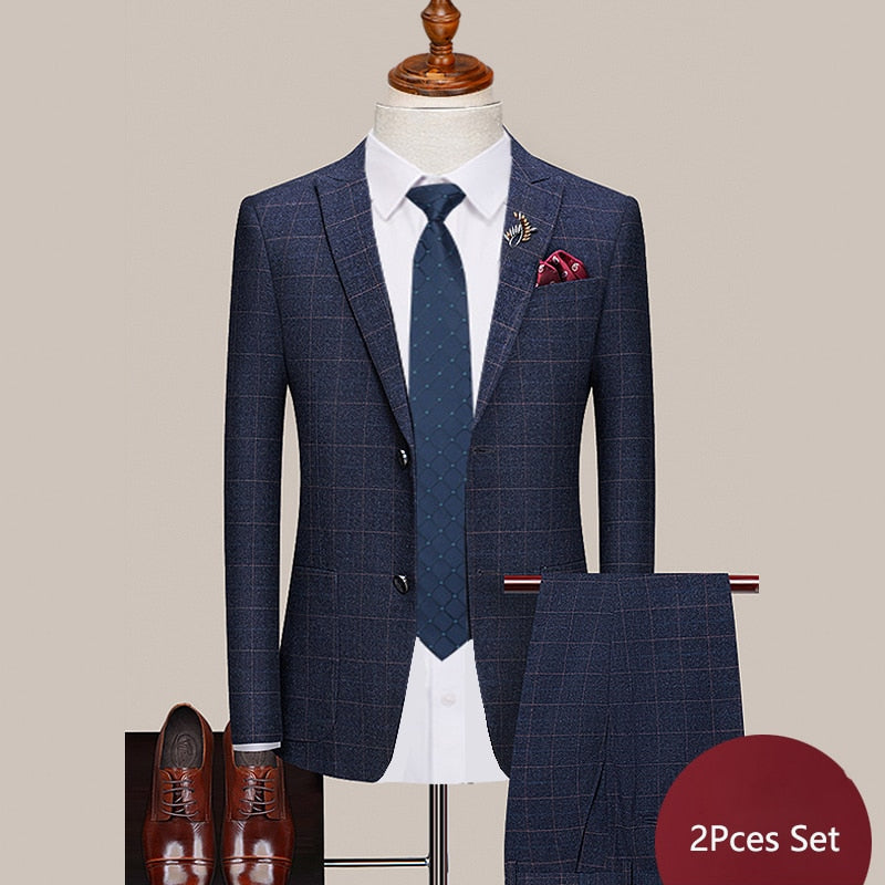 New Men Blazer and Vest and Pants Boutique Fashion Plaid Retro Business Mens Suit Groom Wedding Show Party Show Prom Brand 03Navy Blue 2pce Set, Asia S (EUR XXS)