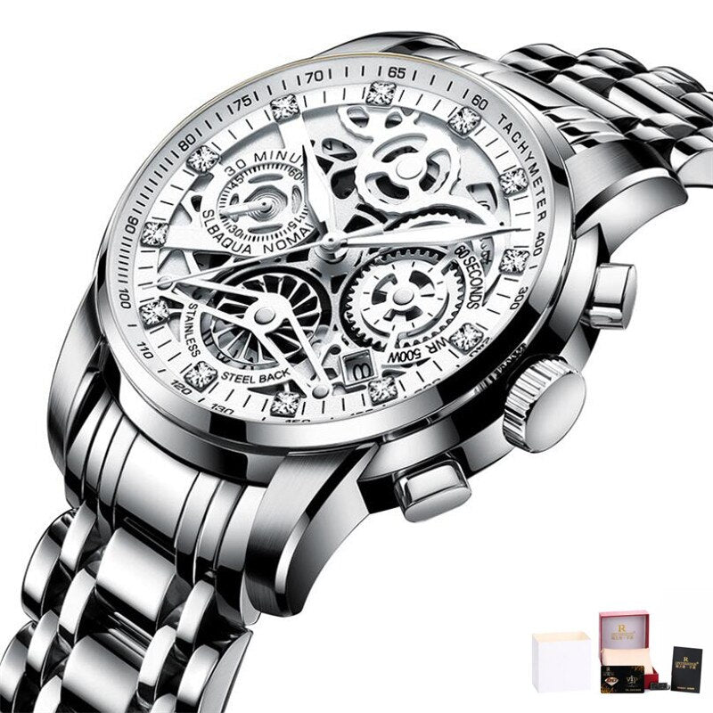 Men Watches Tourbillon Rotating Window Top Luxury Brand Fashion Quartz Men Watch Waterproof Gold Steel Business Wristwatch Silver with box