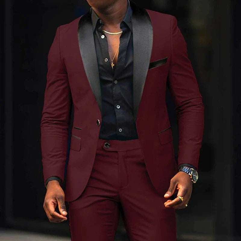 New Fashion Men Boutique Business Stretch Fabric Double Slit Solid Color Suit Wine, Asian M is US 2XS