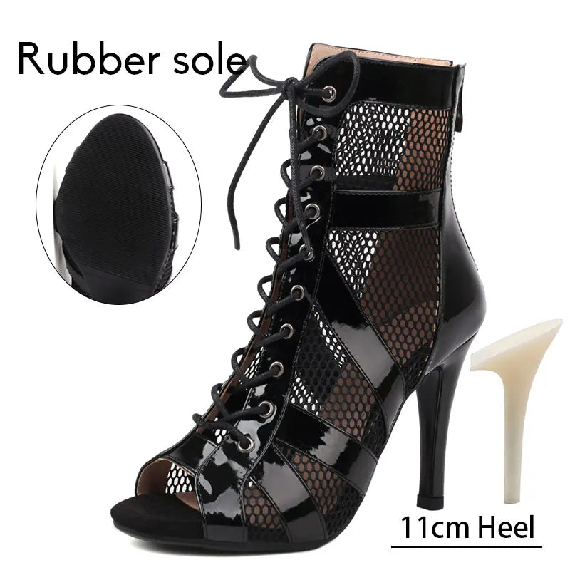 New Women Latin Dance Shoes Black High Heels Ballroom Salsa Dance Shoes Sandals Mesh Boots Woman Thin Heels Plus Size