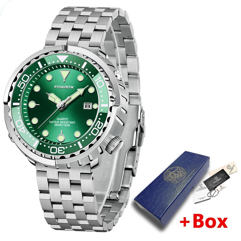 New Men Watches 5ATM Sports Waterproof Quartz Wristwatch Luminous Clock with Steel Bezel Watch for Men Relogio Masculino+Box Green-05L