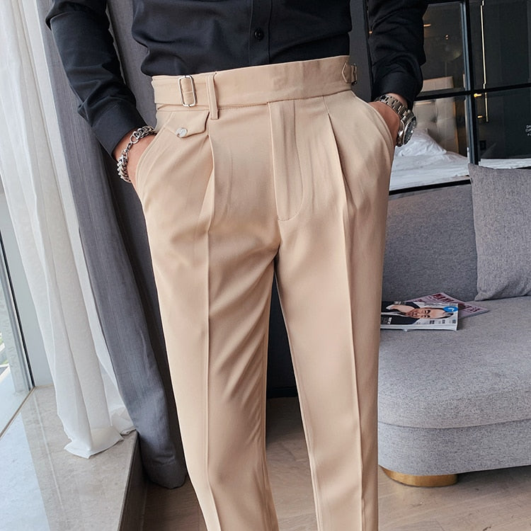 New Men British Style Autumn New Solid High Waist Trousers Men Formal Pants High Quality Slim Fit Business Casual Suit Pants Hommes 12 Khaki, 29, China