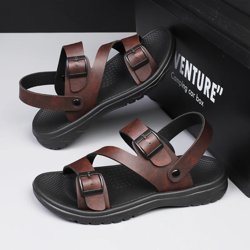 Men PU Leather Sandals Slip-on Summer Breathable Slippers Open Toe Casual Outdoor Walking Shoes Plus Size Beach Sandals for Male