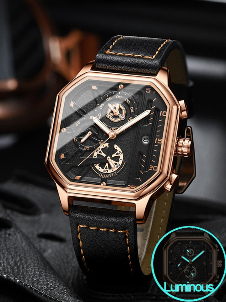 Square Chronograph Casual Fashion Sports Wrist Watch For Men Leather Clock Luxury Business Wristwatch Waterproof Date Watch