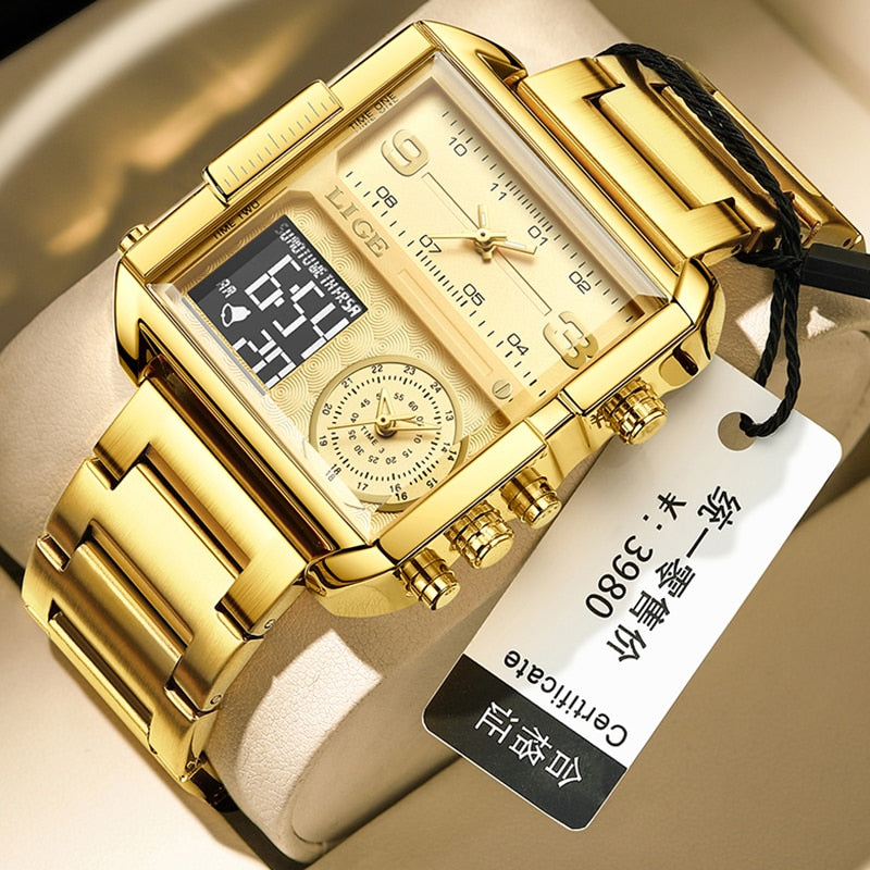 Original Men Sports Wrist Watch Gold Quartz Steel Waterproof Dual Display Clock Watche Relogio Masculino For Men