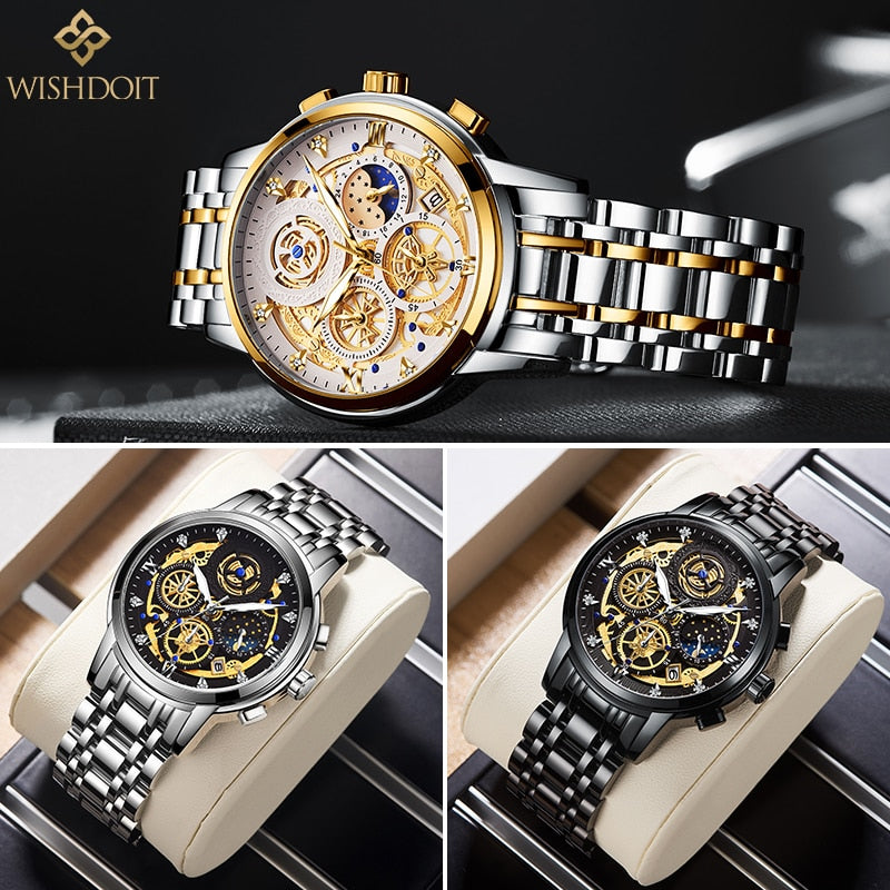 New Original Watch For Men Waterproof Stainless Steel Quartz Analog Fashion Business Sun Moon Star Wristwatches Top Brand