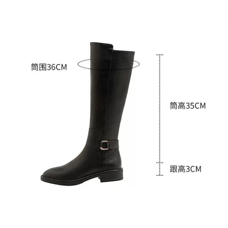 New Pu Leather Knee Boots for Women Shoes Buckle Metal Decoration Fashion Outdoor Ladies