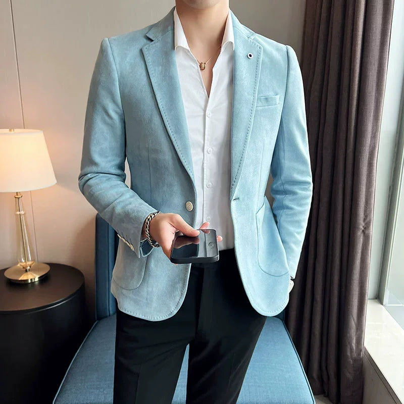 New Suit Coat Men's Slim Fit Deerskin Velvet Elegant Luxury Blazer SKY BLUE, Asia XL 62-68KG