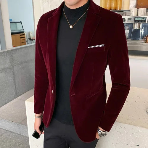 Men Wedding Groom Singer Costume Slim Blazer Formal Wear Dress Burgundy Velvet Blazers Red, Asian M 47-53kg