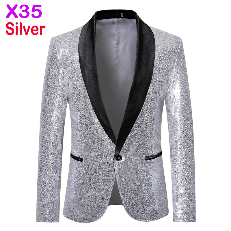 New Shiny Sequin Glitter Embellished Tuxedo Suit Jacket Men One Button Shawl Collar Blazer X35 Sliver, XL